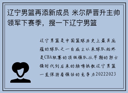辽宁男篮再添新成员 米尔萨晋升主帅领军下赛季，搜一下辽宁男篮