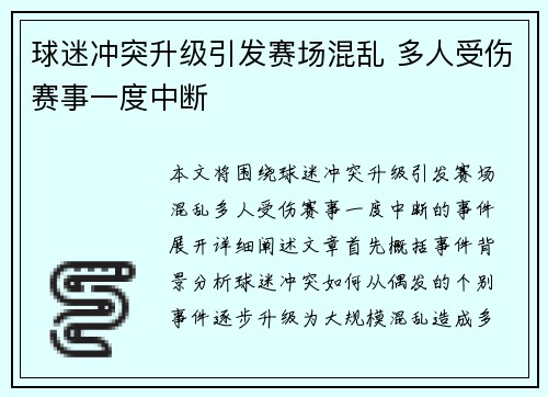 球迷冲突升级引发赛场混乱 多人受伤赛事一度中断