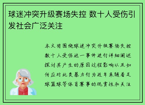 球迷冲突升级赛场失控 数十人受伤引发社会广泛关注