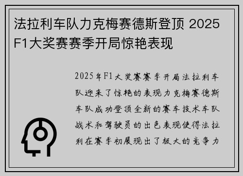 法拉利车队力克梅赛德斯登顶 2025 F1大奖赛赛季开局惊艳表现