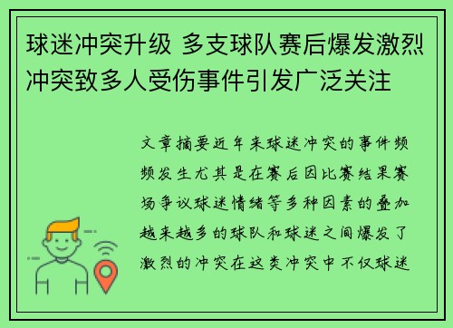 球迷冲突升级 多支球队赛后爆发激烈冲突致多人受伤事件引发广泛关注